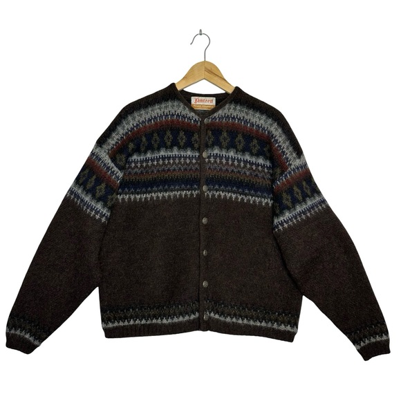 JANTZEN Vintage Brown Multi Color Fair Aisle Wool & Mohair Button Cardigan XL - Picture 6 of 12